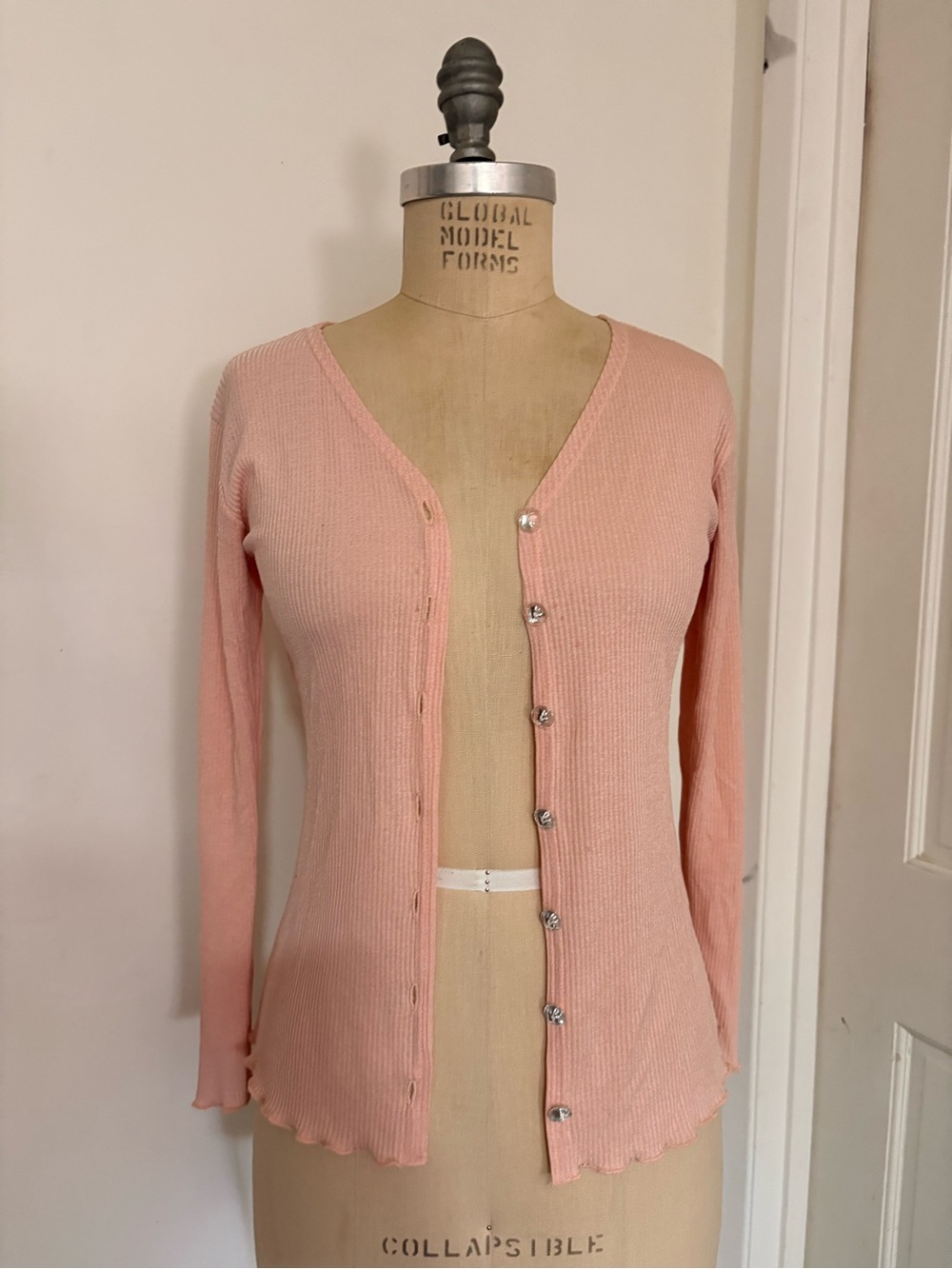 Vintage Coral Pink Ribbed Button-Front Women's Cardigan